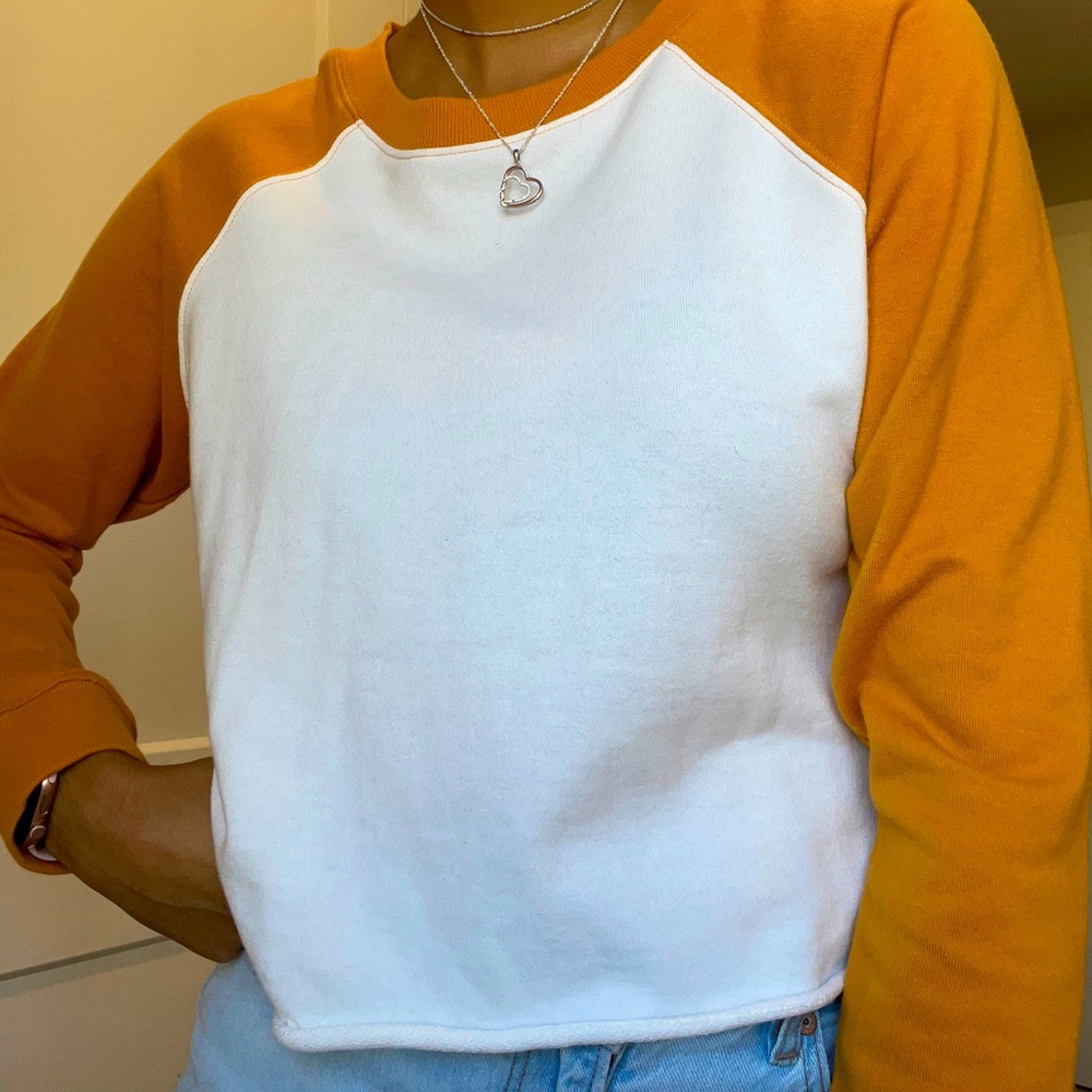 Forever 21 Cropped Long-Sleeve Top, Orange and White, Large